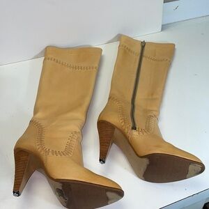 Women's Tan Heeled Mid-Calf Boots - Stylish Zip Closure